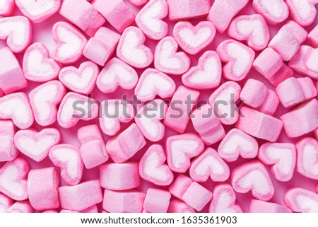 Marshmallows pink heart shaped candies. Happy Valentine's Day or love concept, Top view.