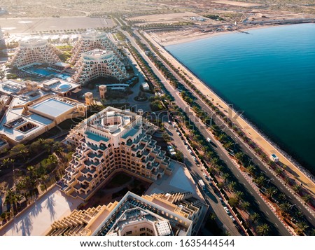 Marjan Island in emirate of Ras al Khaimah in the UAE aerial view Royalty-Free Stock Photo #1635444544