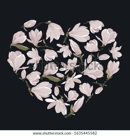Vector floral heart of magnolia set. Floral pink bouquet on a dark background. Valentines greeting card