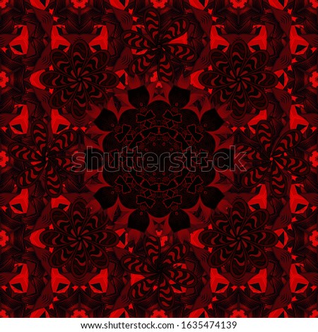 Fabric pattern texture daisy flowers detail. Flowers on red, black and brown colors.