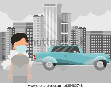 Air pollution and boy in mask standing on background of factory himneys, and car exhaust vector illustration