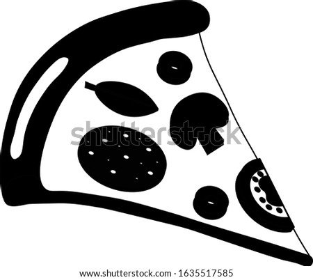 slice pizza with chopped champignon mushroom, salami sausage circle, ring of olives, semicircle tomato and basil leaf. Illustration in doodle and flat style. black and white icon for print restaurant