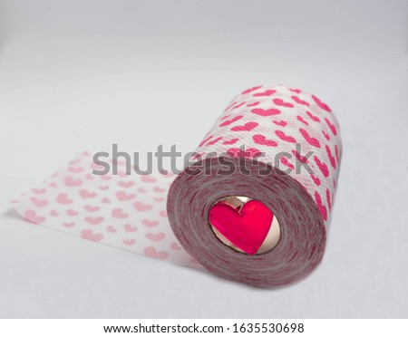 toilet paper with hearts on a white background with the inscription Happy Valentine's Day and a red heart back