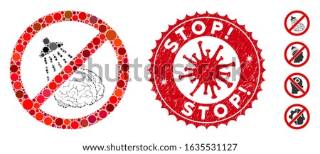 Mosaic no brain washing icon and red rounded grunge stamp watermark with Stop! text and coronavirus symbol. Mosaic vector is created with no brain washing icon and with random spheric items.