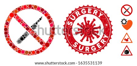 Mosaic no scalpel icon and red round corroded stamp seal with Surgery caption and coronavirus symbol. Mosaic vector is designed from no scalpel icon and with scattered round items.
