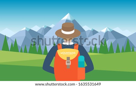 Man with backpack, traveller or explorer standing or cliff and looking on valley. Concept of discovery, exploration, hiking, adventure tourism and travel. Flat vector illustration design template