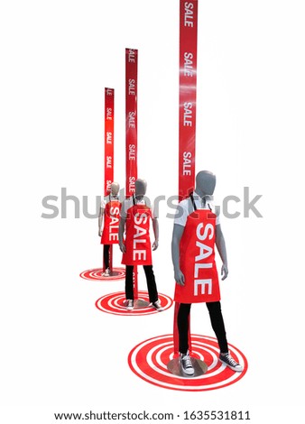 Sale red sign advertise display in the  department store on white isolate background. Three man mannequins in red sale words apron. business fashion and advertisement concep. Season sale, black friday