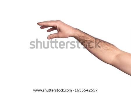 Hairy man hand taking or giving something isolated on white background Royalty-Free Stock Photo #1635542557