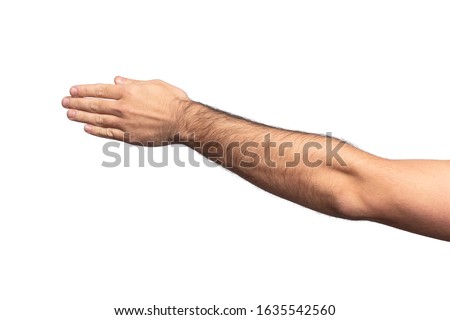 Hairy man hand showing a direction of moving isolated on white background