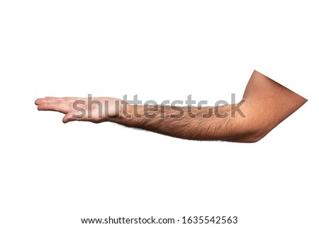 Hairy man hand with palm up isolated on white background