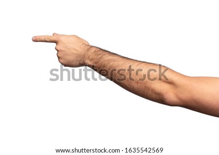 Hairy man hand showing somewhere with a forefinger isolated on white background