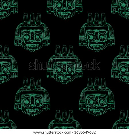 Seamless geometrical monochrome pattern with Aztec masks of god Tlaloc. Pre-Columbian Mexican art. Hand drawn rough sketches.