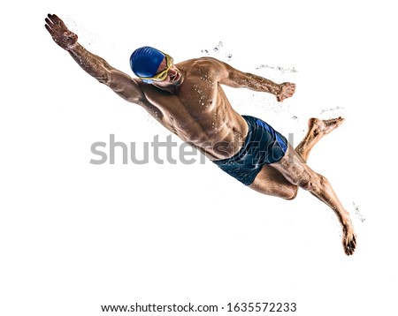 one caucasian man sport swimmer swimming silhouette isolated on white background Royalty-Free Stock Photo #1635572233