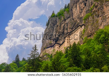 Sumela Monastery in Trabzon, Turkey. Greek Orthodox Monastery of Sumela was founded in the 4th century. Royalty-Free Stock Photo #1635602935