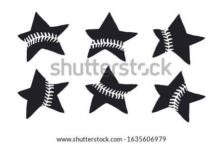 A collection of black stars for baseball separately on a white background. Elements for sports designs. Hand drawing.