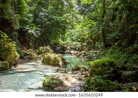 adventure river trekking in Jamaica down stream from the Reach Falls, long exposure picture
