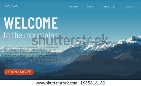 
Concept template for web page on the theme of mountaineering, hiking, travel. Landscape with snowy mountain peaks. The concept of extreme sports, recreation and outdoor recreation.
