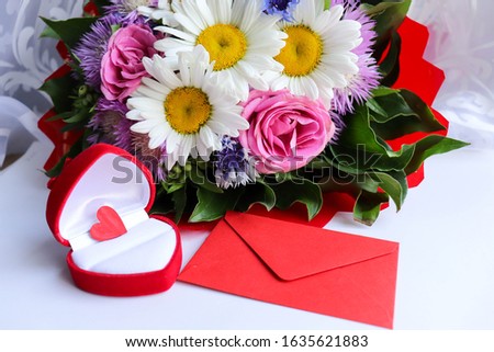 Valentine's day greeting card. bouquet of flowers and symbols of valentines day