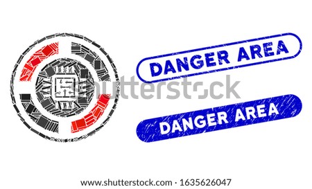 Mosaic roulette processor and grunge stamp watermarks with Danger Area caption. Mosaic vector roulette processor is formed with scattered rectangle items. Danger Area stamp seals use blue color,
