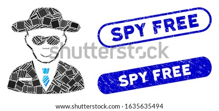 Mosaic spy and corroded stamp seals with Spy Free phrase. Mosaic vector spy is formed with scattered rectangle items. Spy Free stamp seals use blue color, and have round rectangle shape.