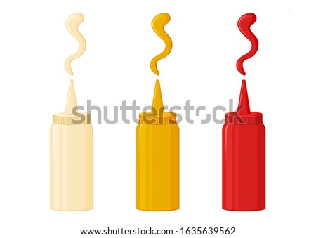 Sauce icon, mayonnaise, mustard and ketchup. Hot spice sauce packed in plastic bottle. Vector illustration Royalty-Free Stock Photo #1635639562