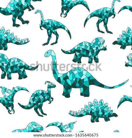 Vector seamless pattern of abstract blue dinosaurs on a white background, for design of mosaics, stained glass, covers, packages, and textile prints