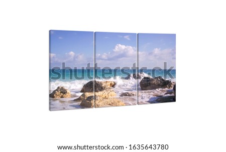 Three canvas isolated on white wall.   Sea view with the horizon line, rock coast and waves photos, Interior decoration mock up