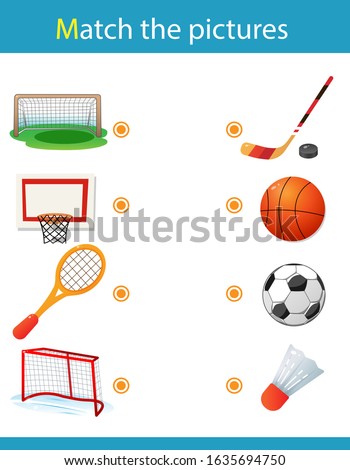 Matching game, education game for children. Puzzle for kids. Match the right object. Sports equipment. Basketball, soccer, hockey, badminton.