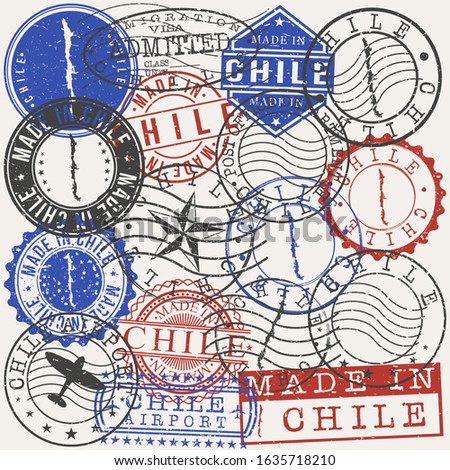 Chile Set of Stamps. Travel Passport Stamps. Made In Product. Design Seals in Old Style Insignia. Icon Clip Art Vector Collection.