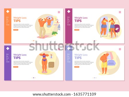 Weight loss vector illustration, grow thin tips website internet page banners set. Fat overweight people man, woman girl weighed on scales, measure waist, look in bathroom mirror.