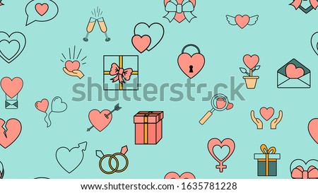 Texture seamless pattern from a set of love items with hearts and gifts for the holiday of love Valentine's Day February 14 or March 8 on a blue background. Vector illustration.