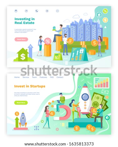 Investing in startup and real estate vector, people with money invested in future construction and building of homes and houses, spaceship rocket. Website or webpage template, landing page flat style