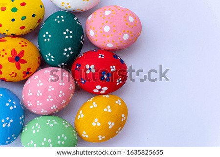 Top View. Colorful handmade easter eggs isolated on a white background,with space for your text.