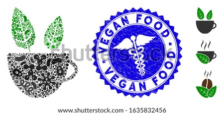 Flu mosaic vegan cafe icon and round distressed stamp seal with Vegan Food text and health care icon. Mosaic vector is created with vegan cafe pictogram and with randomized flu elements.