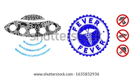 Contagion mosaic alien invasion icon and round distressed stamp seal with Fever caption and caduceus sign. Mosaic vector is designed with alien invasion icon and with randomized bacterium symbols.