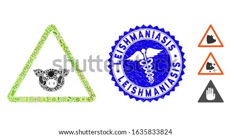 Virus mosaic pig warning icon and rounded rubber stamp seal with Leishmaniasis phrase and medical icon. Mosaic vector is created with pig warning pictogram and with scattered contagious objects.