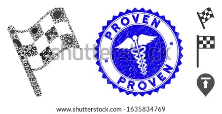 Epidemic mosaic finish flag icon and round distressed stamp seal with Proven caption and medical icon. Mosaic vector is composed from finish flag icon and with scattered bacillus icons.