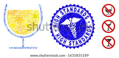 Pandemic collage wine glass icon and rounded grunge stamp seal with High Standards text and doctor icon. Mosaic vector is designed from wine glass icon and with randomized bacterium symbols.