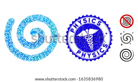 Outbreak mosaic spiral icon and rounded rubber stamp seal with Physics caption and medic symbol. Mosaic vector is designed with spiral icon and with randomized viral elements.