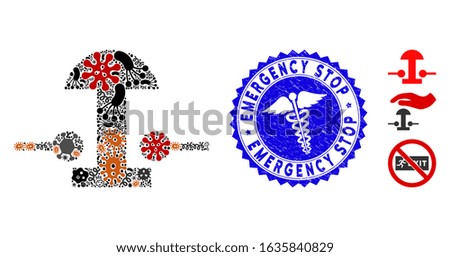 Infection mosaic emergency stop button icon and rounded grunge stamp watermark with Emergency Stop phrase and healthcare icon.