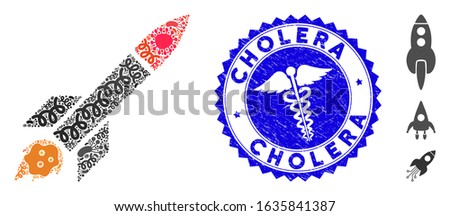 Flu mosaic missile launch icon and rounded distressed stamp seal with Cholera phrase and clinic icon. Mosaic vector is created with missile launch pictogram and with scattered virus elements.