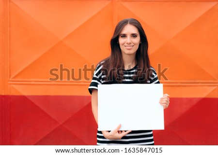 Woman Holding White Advertising Sign. Happy female promoter with blank signboard 

