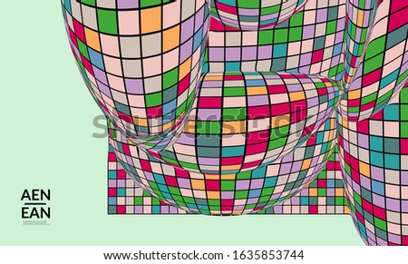 Square pixel mosaic distorted shape. Black wire frame over flat retro colors. Abstract air balloon vector background.