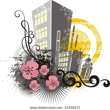 Cityscape background with grunge and floral details, vector illustration series.
