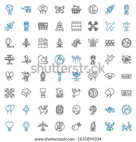 fly icons set. Collection of fly with mars rover, drone, stewardess, pigeon, startup, airplane, hot air balloon, earth, globe, bird, heliport. Editable and scalable fly icons.