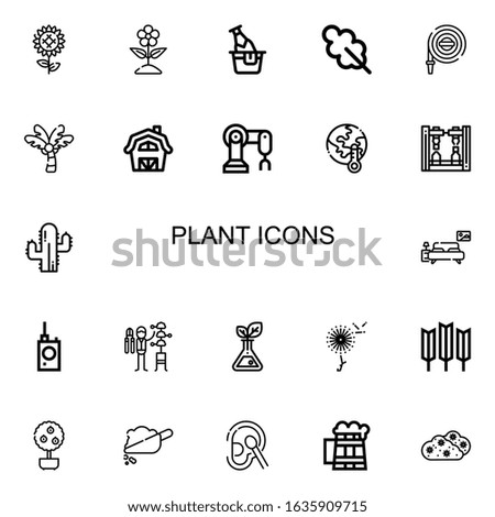 Editable 22 plant icons for web and mobile. Set of plant included icons line Sunflower, Flower, Beer, Oak leaf, Hose, Palm tree, Barn, Robot arm, Global warming on white background