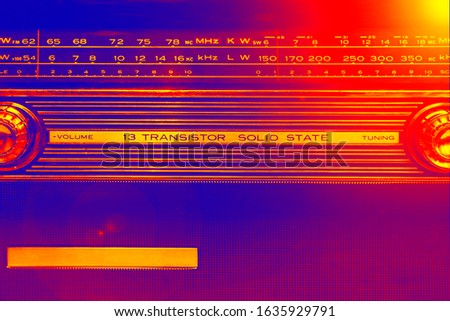 An old radio frequency tuning in abstract colorful style. Retro background. Retro music concept. Music radio sound wave. Classic vintage design. Radio station signal.