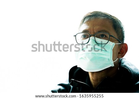 Image of the man wearing a medical mask, Prevention of contagious  covid-19, Respiratory protection coronavirus concept, on a white background Royalty-Free Stock Photo #1635955255