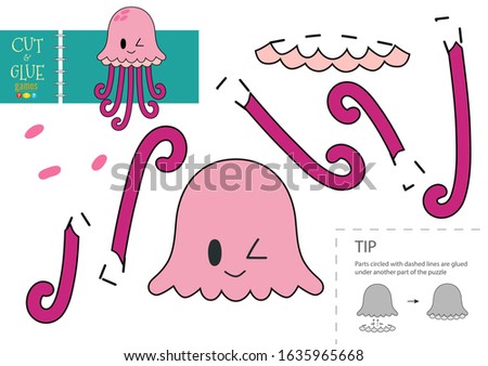 Cut and glue paper toy. Vector illustration, worksheet with cartoon jellyfish character cut into pieces