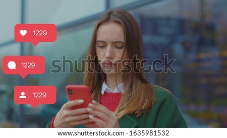 Young woman use phone feel happy at sunlight vlogger influencer animation with user interface - likes, followers, comments for social media from smartphone slow motion